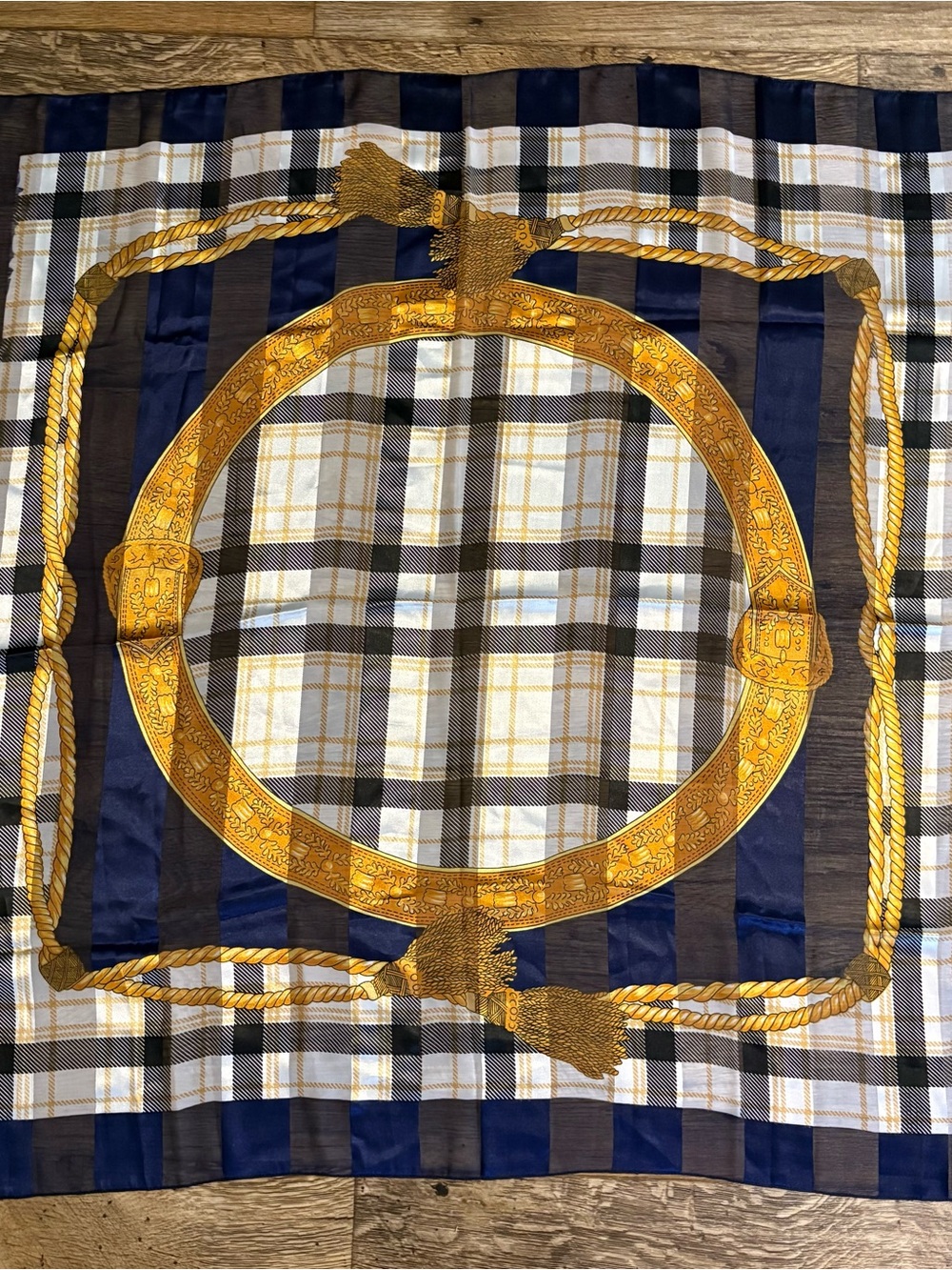 Decorative Navy and Gold Plaid Square Scarf/Wrap 39x39